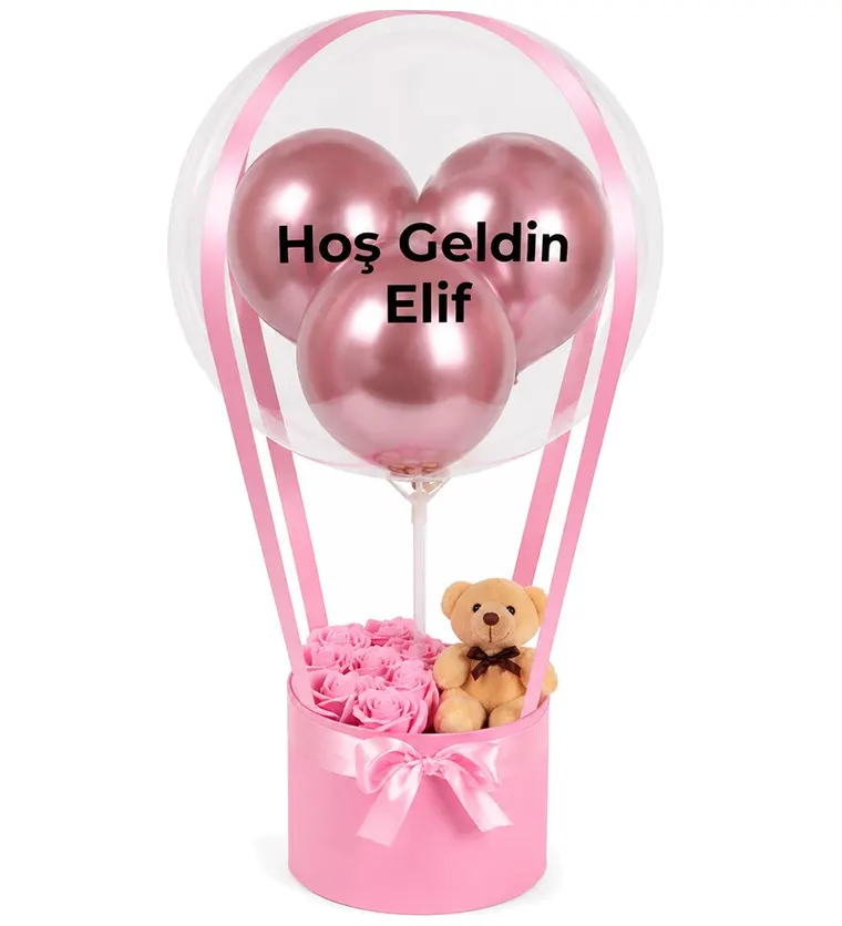 Balonlu Yuvarlak Pembe Kutuda Ayıcıklı Yapay Pembe Gül - Sinop çiçek siparişi