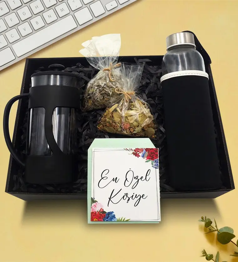 French Press & Kılıflı Cam Suluk & Ihlamur & Ada Çayı Hediye Seti - Artvin çiçek siparişi