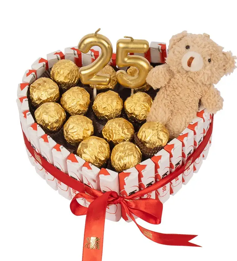 Kinder Kaplı Kalp Gold Fındıklı Çikolata Peluşlu Mumlu - Kastamonu çiçek siparişi