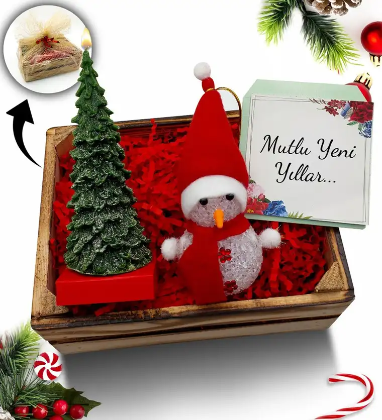 Mini Kasa İçerisinde Çam Ağacı Mum & Kardan Adam Hediye Seti - Karabük çiçek siparişi