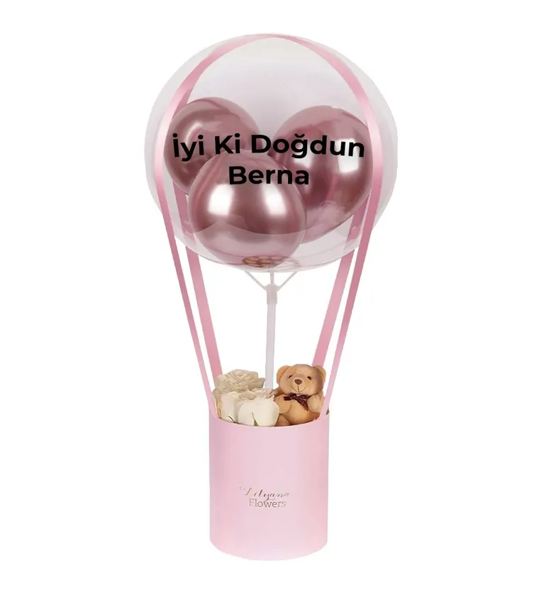 Balonlu Ayıcıklı Pembe Kutuda Beyaz Gül - Aksaray çiçek siparişi