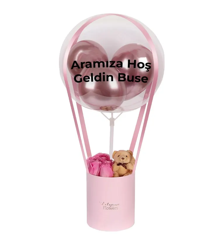 Balonlu Ayıcıklı Pembe Kutuda Pembe Gül - Bitlis çiçek siparişi