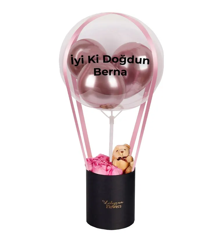 Balonlu Ayıcıklı Siyah Kutuda Pembe Gül - Bitlis çiçek siparişi