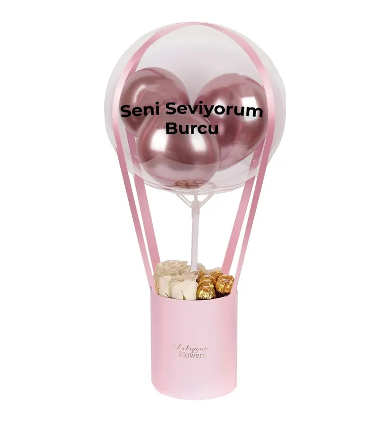 Balonlu Çikolatalı Pembe Kutuda Beyaz Gül - Aksaray çiçek siparişi