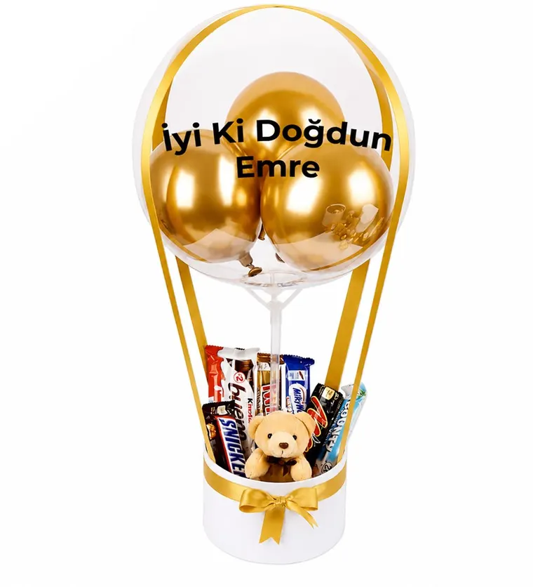 Balonlu Peluşlu Çikolata Kutusu Beyaz Gold - Aksaray çiçek siparişi
