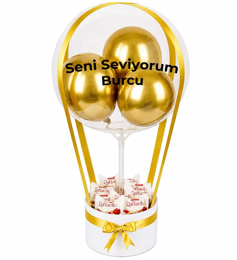 Balonlu Raffaello Çikolatalı Beyaz Kutu Gold - Aksaray çiçek siparişi