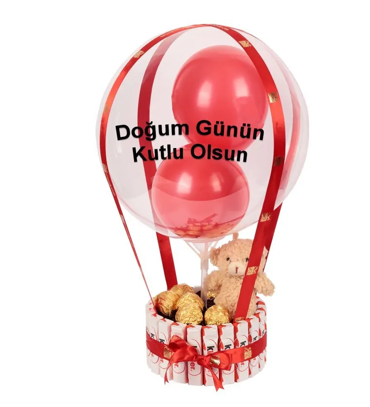 Kinder Kaplı Balonlu Peluşlu Gold Fındıklı Çikolata - Iğdır çiçek siparişi