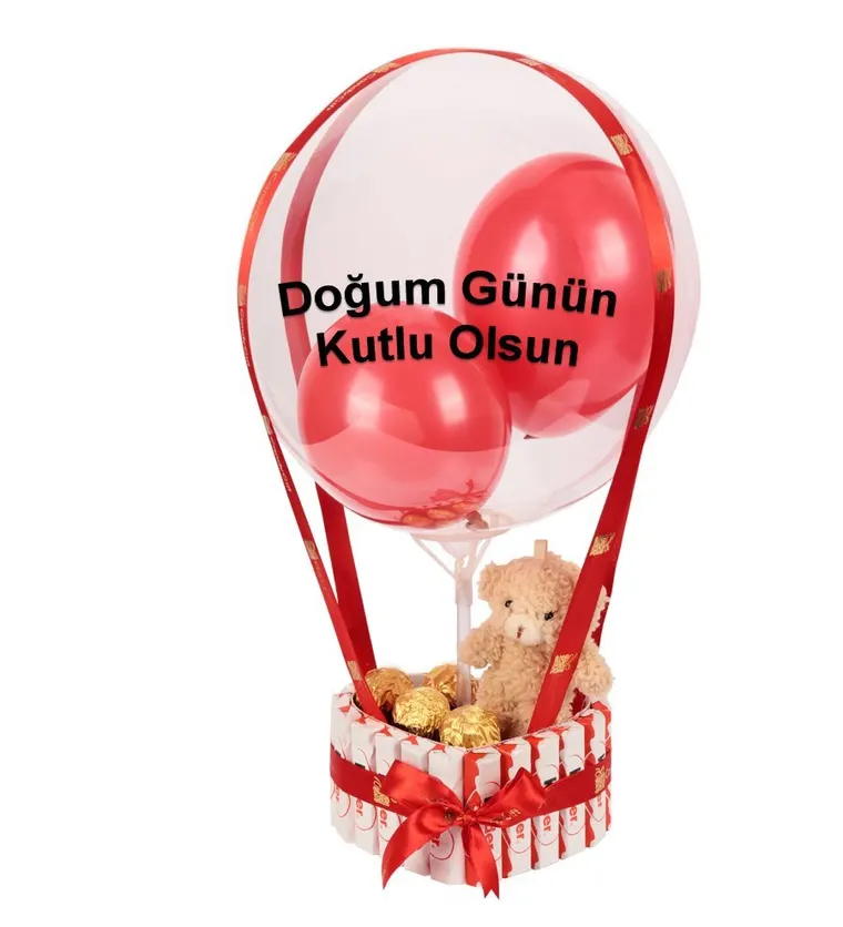 Kinder Kaplı Kalp Balonlu Peluşlu Gold Fındıklı Çikolata - Iğdır çiçek siparişi