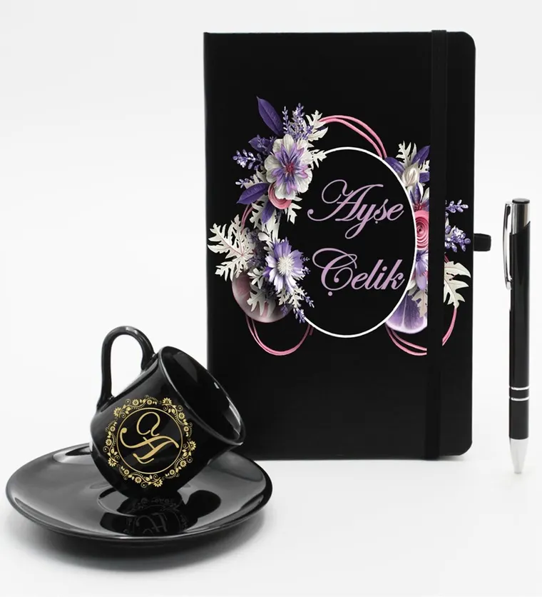 Kişiye Özel Ajanda Defter & Siyah Fincan & Roller Kalem Hediye Seti - Karabük çiçek siparişi