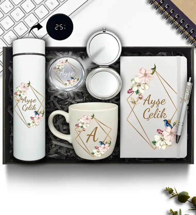 Kişiye Özel Beyaz Dereceli Termos & Defter & Kupa & Ayna & Kalem Hediye Seti - Bitlis çiçek siparişi
