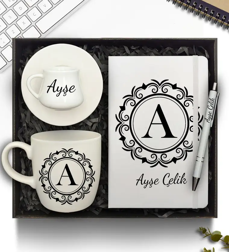 Kişiye Özel Defter & Bambu Tabaklı Fincan & Beyaz Kupa & Kalem Hediye Seti - Bitlis çiçek siparişi