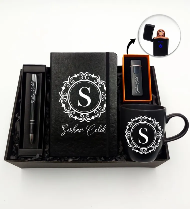 Kişiye Özel Elektronik Dokunmatik Alevsiz Şarjlı Çakmak & Siyah Defter & Siyah Kupa & Siyah Kalem Hediye Seti - Bitlis çiçek siparişi