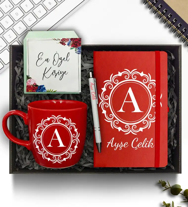 Kişiye Özel Kırmızı Defter & Kırmızı Kupa & Kalem Hediye Seti - Karabük çiçek siparişi