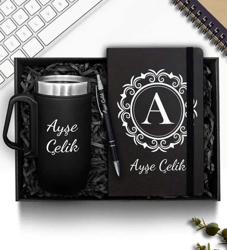 Kişiye Özel Siyah Bardak Termos & Defter & Plastik Kalem Hediye Seti - Kayseri çiçek siparişi