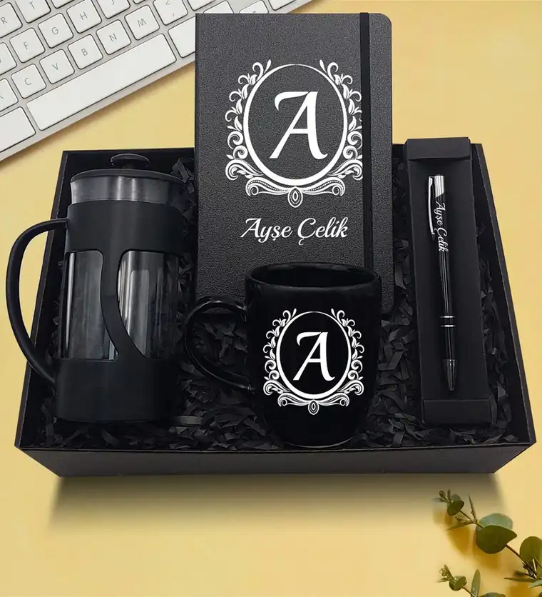 Kişiye Özel Siyah Defter & French Press & Siyah Kupa & Siyah Kalem Hediye Seti - Bitlis çiçek siparişi