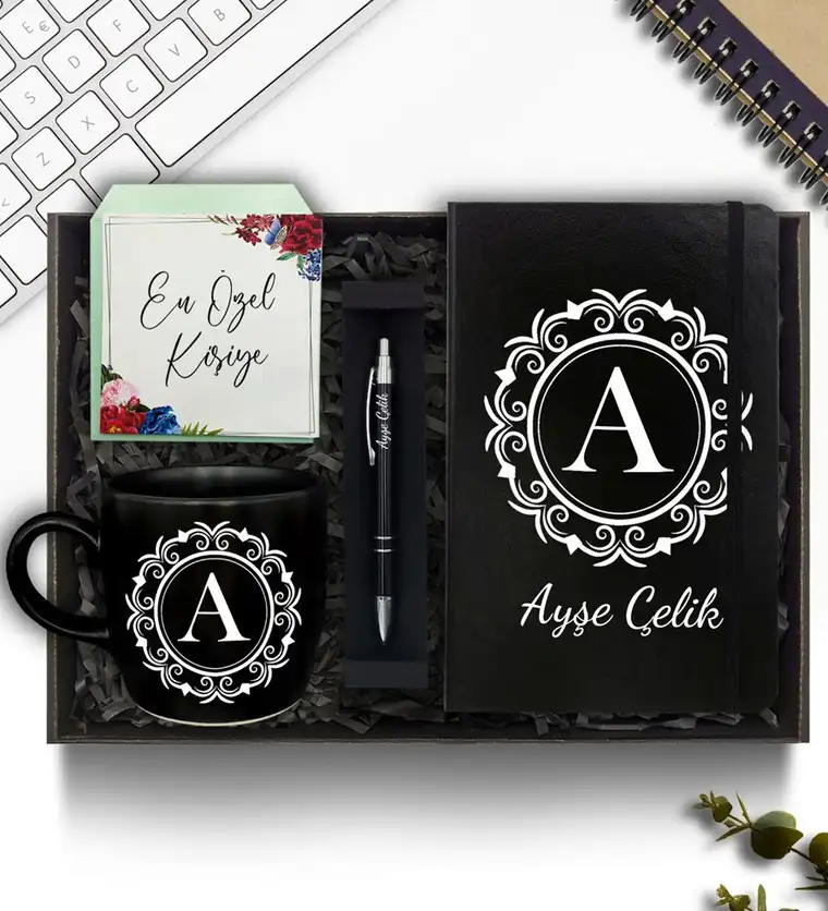 Kişiye Özel Siyah Defter & Siyah Kupa & Siyah Kalem Hediye Seti - Ardahan çiçek siparişi