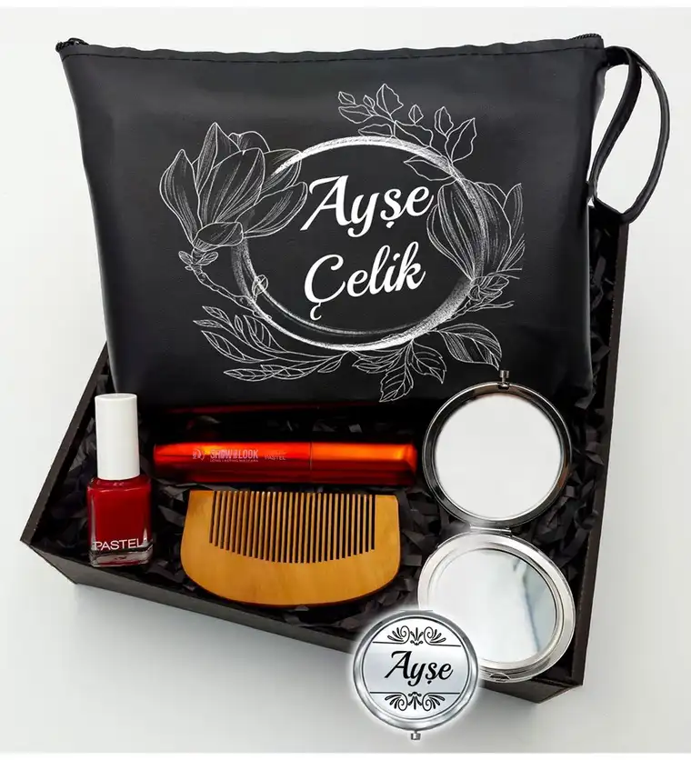 Kişiye Özel Siyah Makyaj Çantası & Makyaj Aynası & Pastel Maskara & Pastel Oje & Tarak - Edirne çiçek siparişi