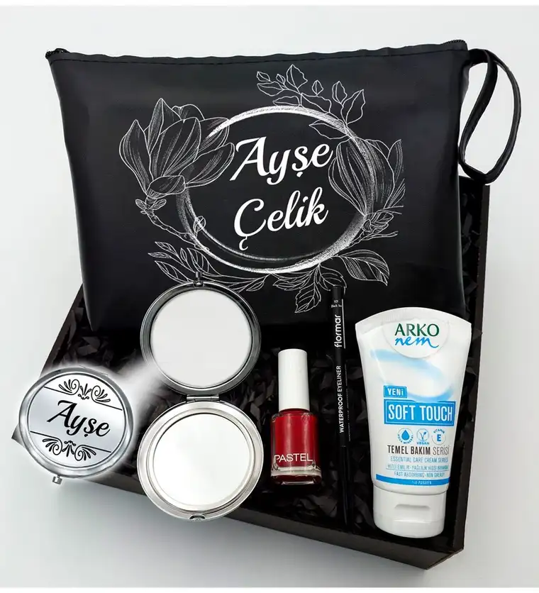 Kişiye Özel Siyah Makyaj Çantası & Makyaj Aynası & Pastel Oje & Arko Nem Soft Touch & Flormar Göz Kalemi - Edirne çiçek siparişi
