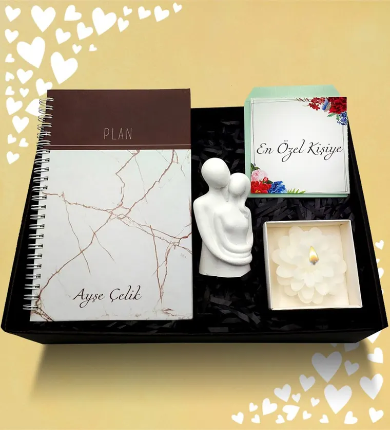 Kişiye Özel Telli Defter & Dekoratif Biblo & Çiçek Temalı Mum Hediye Seti - Çankırı çiçek siparişi