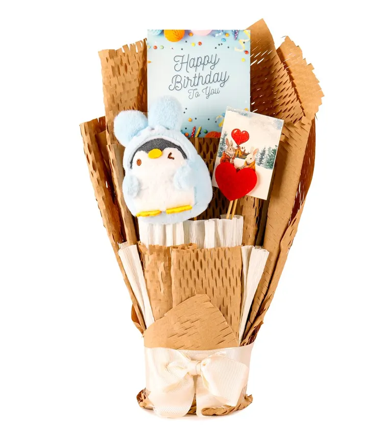 Little Kraft Serisi - Happy Birthday Peluş Sevimli Mavi Penguen Buketi - Aksaray çiçek siparişi