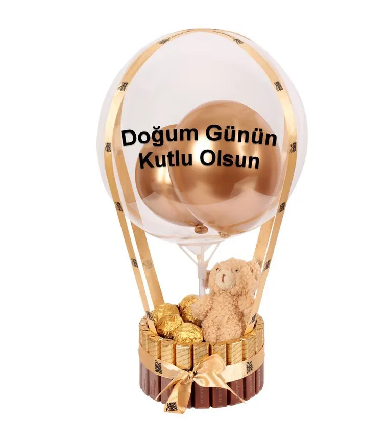 Merci Kaplı Balonlu Ferrero Peluşlu Gold Fındıklı Çikolata - Aksaray çiçek siparişi