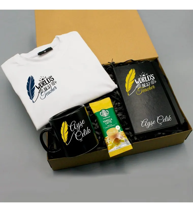 Öğretmenler Gününe Özel Tasarımlı World Best Teacher Temalı Beyaz Tişört & Siyah Defter & Siyah Kupa & Vanilla Latte Kahve Hediye Seti - Bitlis çiçek siparişi