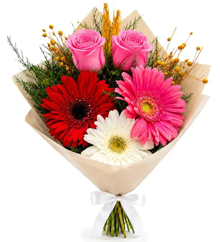 Pembe Gül ve Renkli Gerbera Buketi - Burdur çiçek siparişi