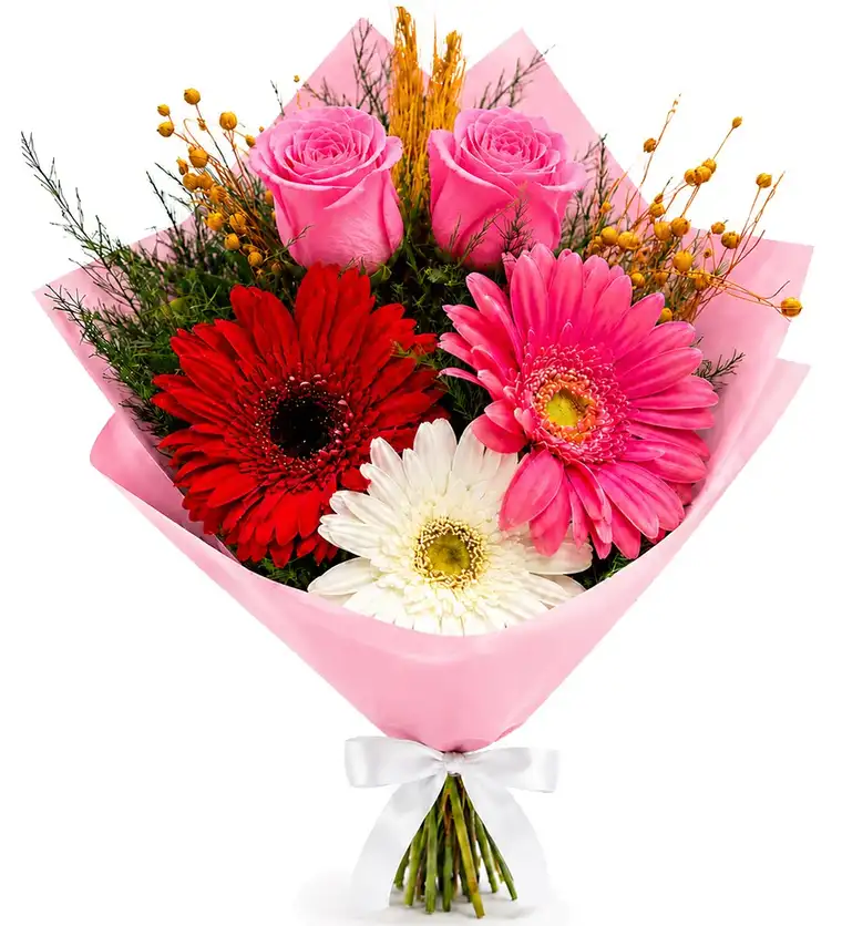 Renkli Gerbera ve Pembe Gül Buketi - Ağrı çiçek siparişi