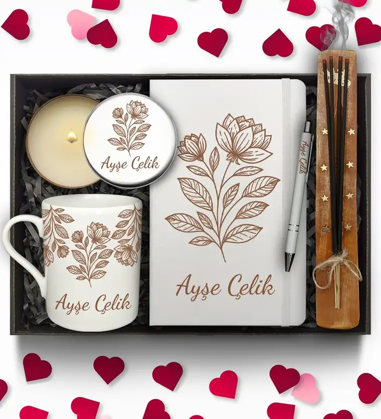 Sevgililer Günü Temalı Kişiye Özel Beyaz Defter & Beyaz Kupa & Metal Mum & Kalem & Çubuk Tütsü Hediye Seti - Ardahan çiçek siparişi