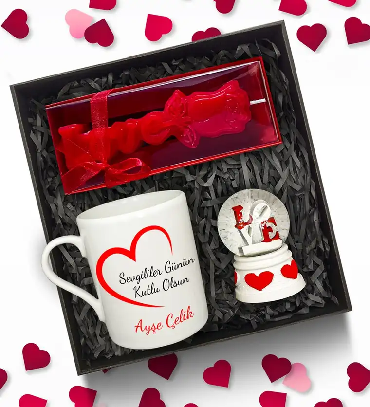 Sevgililer Günü Temalı Kişiye Özel Beyaz Kupa & Love Kar Küresi & Love Mum Hediye Seti - Ardahan çiçek siparişi
