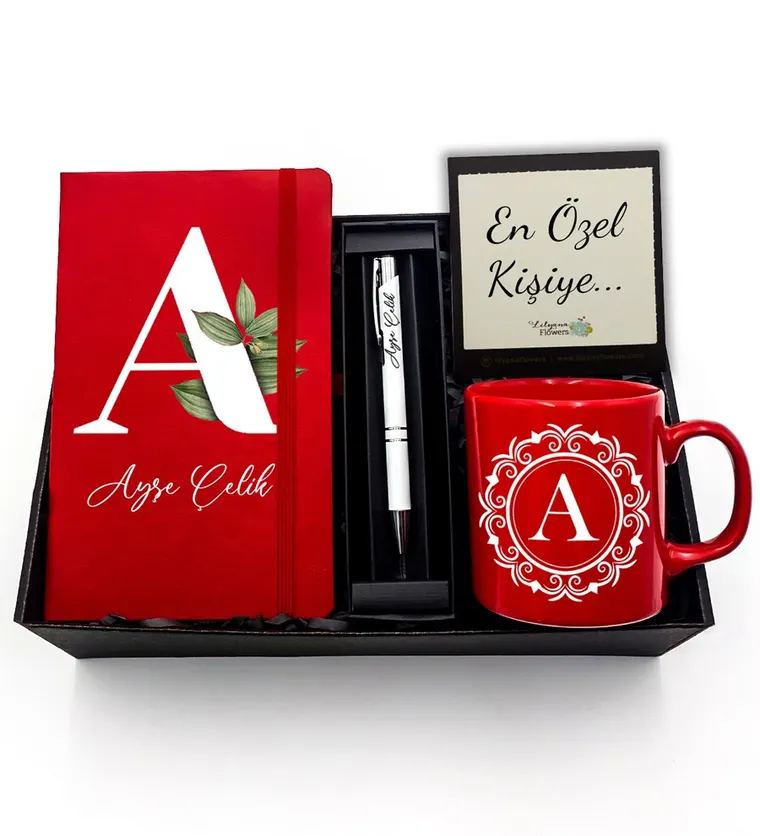 Sevgililer Günü Temalı Kişiye Özel Kırmızı Defter & Kırmızı Kupa & Beyaz Kalem Hediye Seti - Bitlis çiçek siparişi